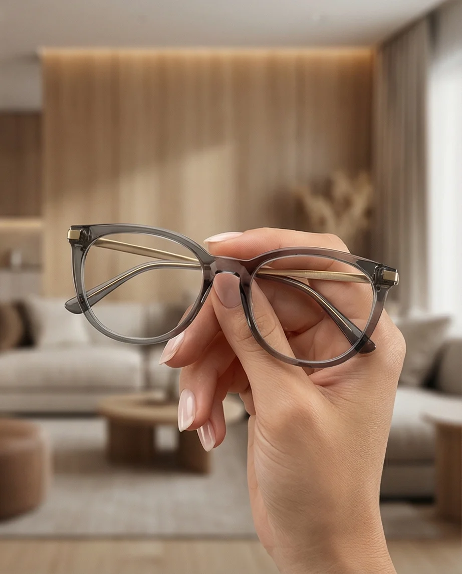 Une monture de lunettes de vue présentée à la main